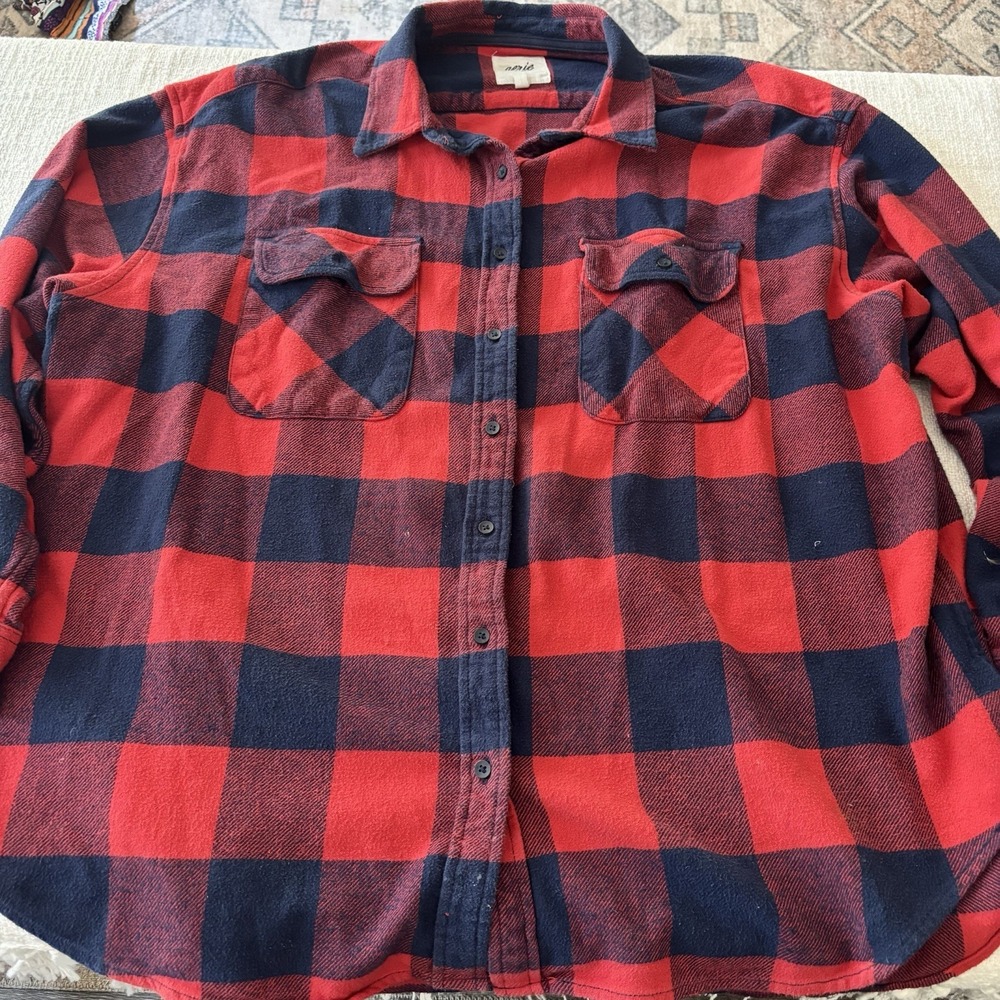 Aerie Buffalo Plaid Women’s Large Flannel Shirt Jacket Shacket Red Blue